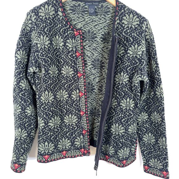 Nomadic Traders Cardigan Womens Medium Green Black Nordic Long Sleeve Zip Up - Picture 5 of 7